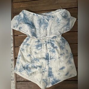 Blue and White Tie-Dye Off-Shoulder Romper